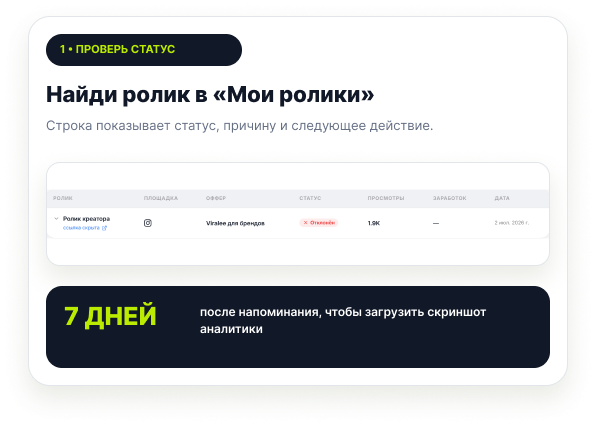 Список роликов со статусом и следующим действием